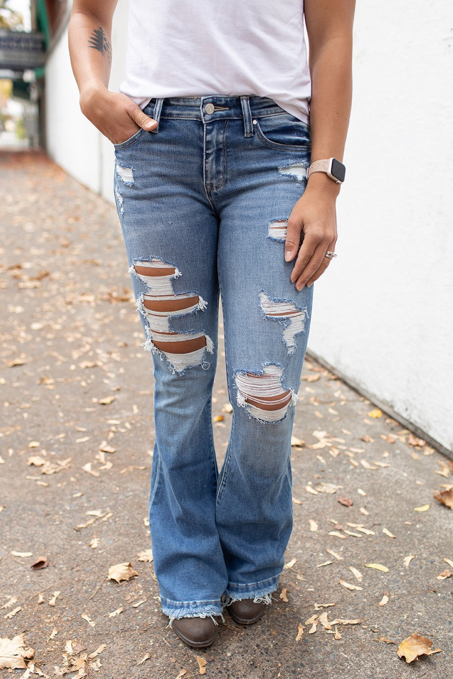 Paige Destroyed Mid Rise Flare Jeans (1-15) - 34" Inseam - STB Boutique