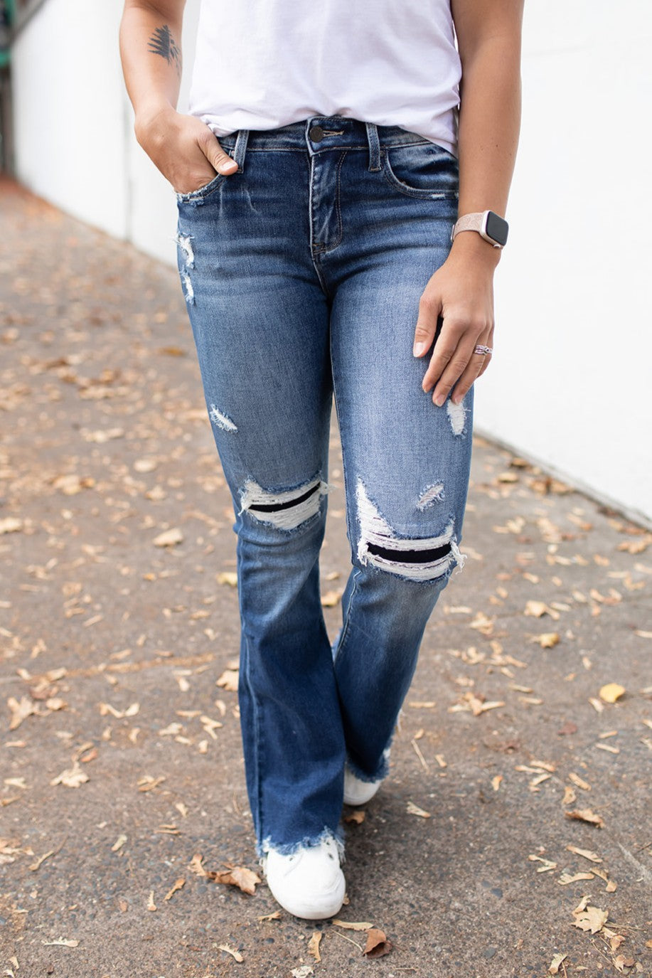 Piper Destroyed Patched Mid Rise Flare Jeans (1-15) - 34" Inseam - STB Boutique