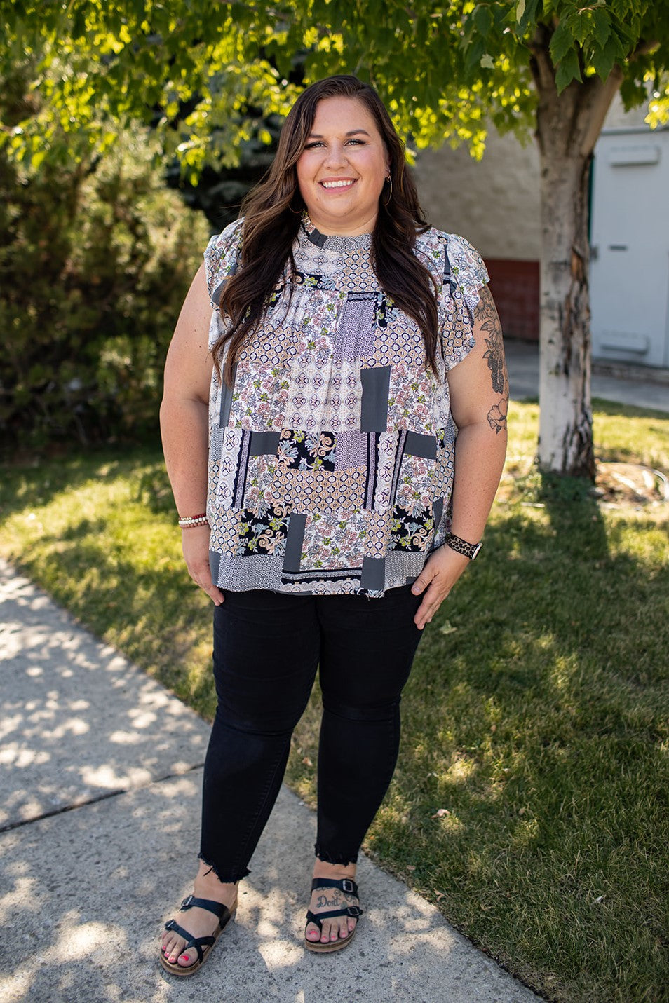 Gray Patched Paisley Ruffle Top (SM-2X)