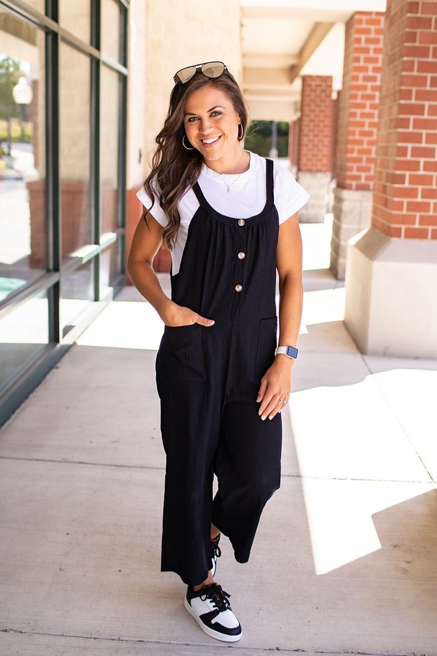 Black Button Crinkle Overall Jumpsuit (SM-3X) - STB Boutique