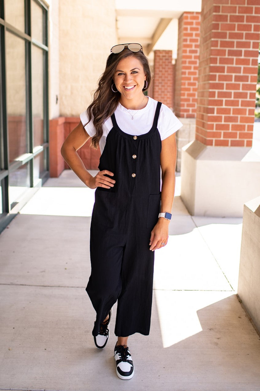 Black Button Crinkle Overall Jumpsuit (SM-3X)