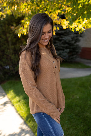 Camel Ribbed Button Collared LS
