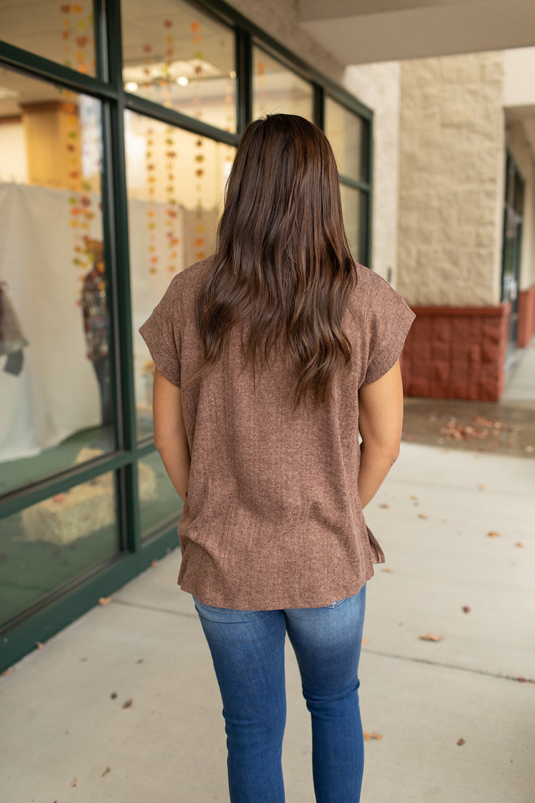 Brown Vneck Short Sleeve Side Slit Sweater