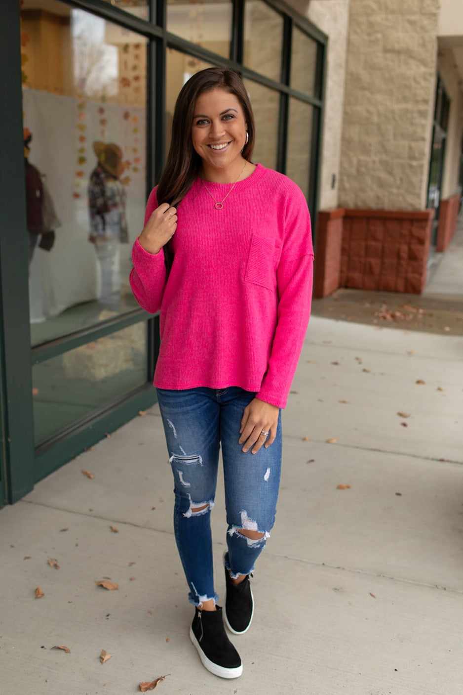 Hot Pink Ribbed Brushed Hacci Pocket Sweater (SM-3X)