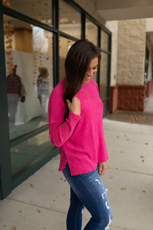 Hot Pink Ribbed Brushed Hacci Pocket Sweater (SM-3X)