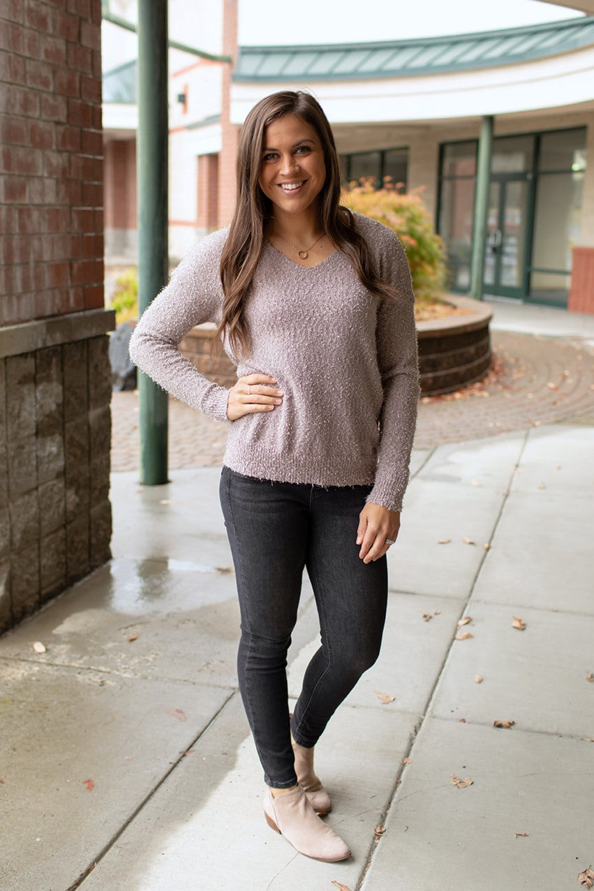 Taupe Tinsel Vneck Knit Sweater