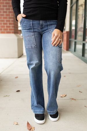 Risen High Rise Cargo Pocket Wide Leg Jeans