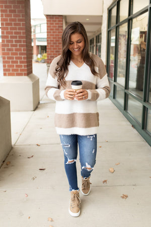 White Taupe Striped Fluffy Knit Oversized Sweater (SM-XL)