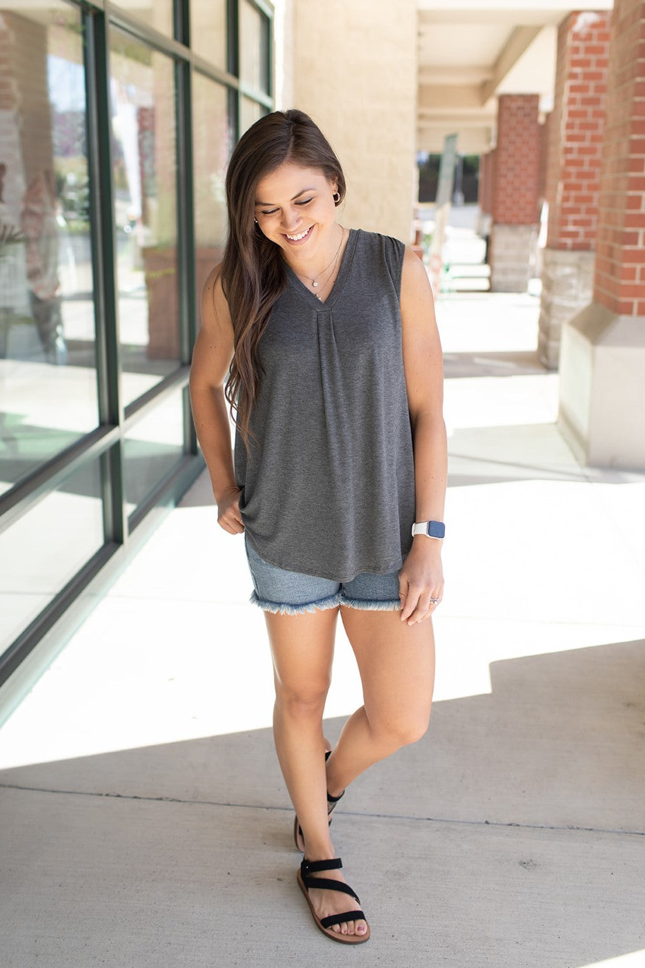 Charcoal Vneck Pleated Oversized Tank (SM-XL)