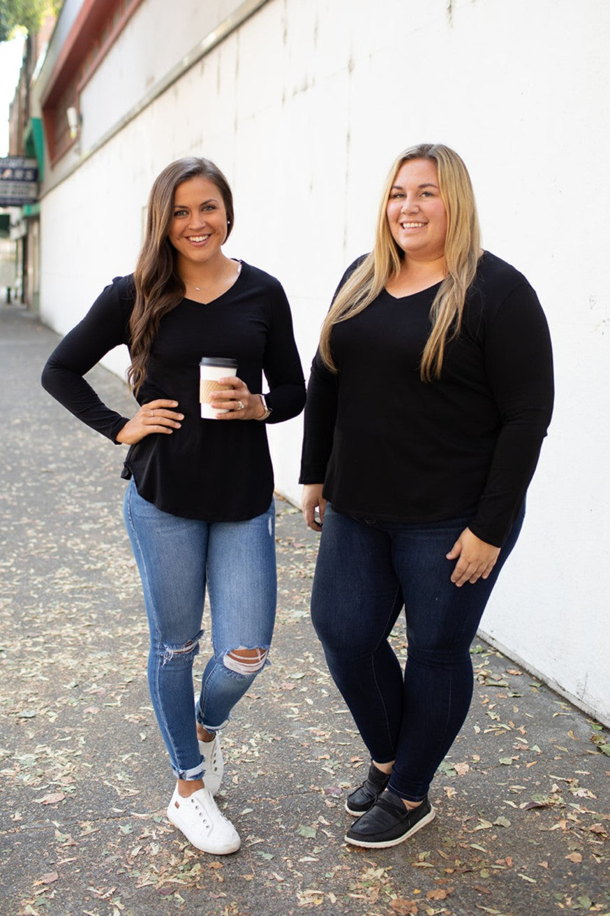 Black Vneck Loose Long Sleeve Basic Tee (SM-3X) - STB Boutique