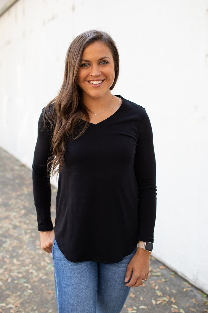 Black Vneck Loose Long Sleeve Basic Tee (SM-3X) - STB Boutique