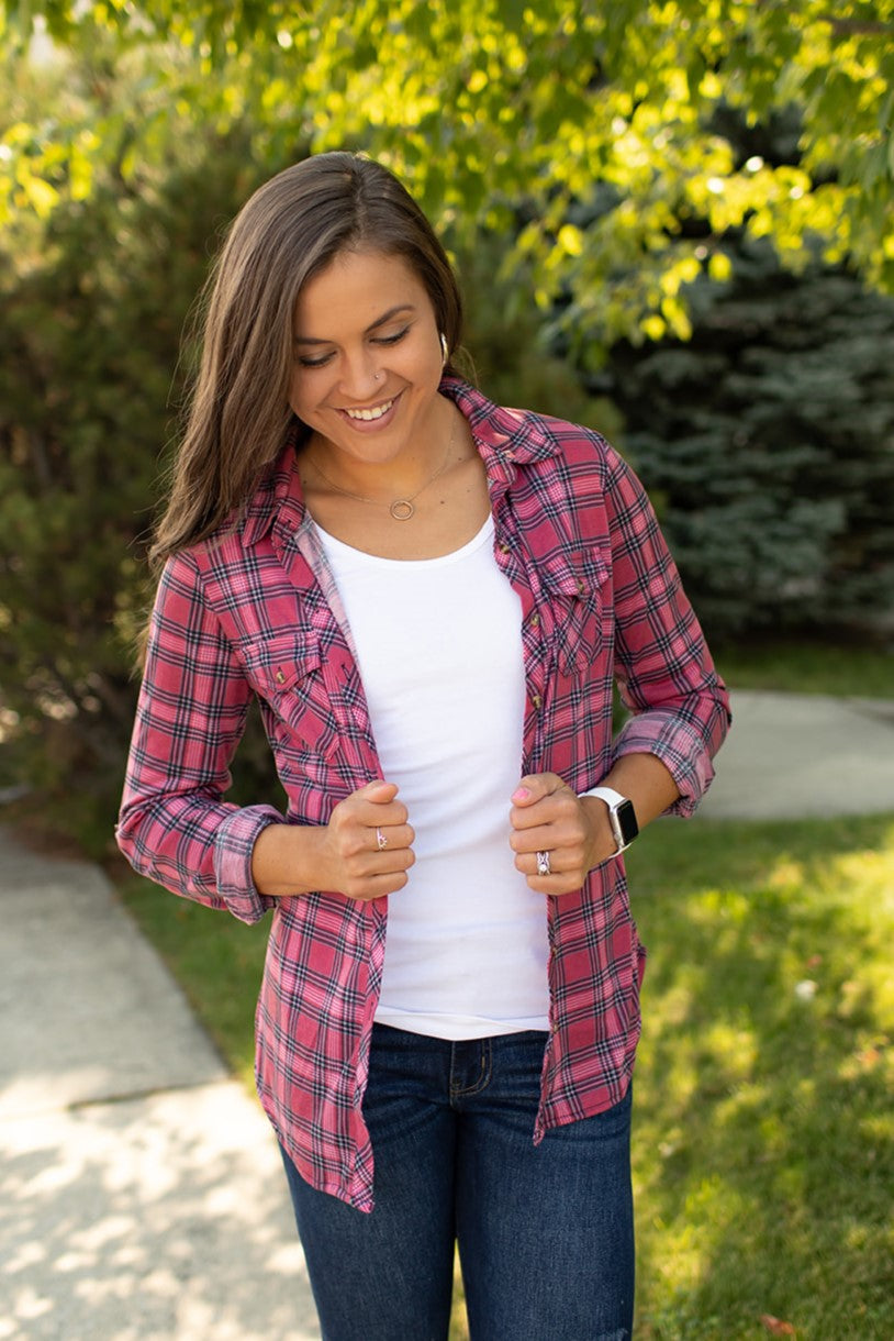 Pink & Black Plaid Roll Up Sleeve Button Up Top (SM-3X)