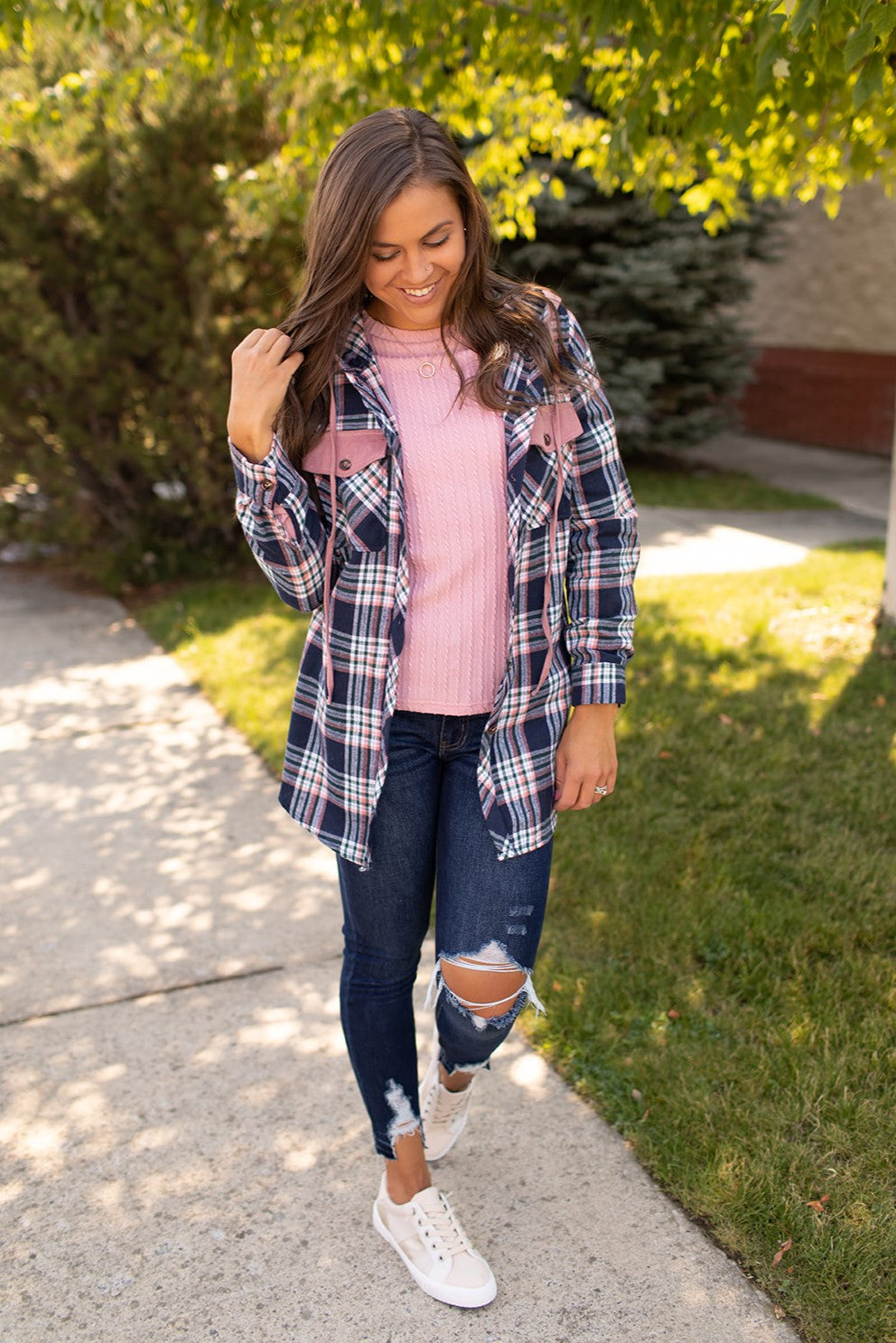 Navy Pink Plaid Button Up Hooded Flannel (SM-XL)