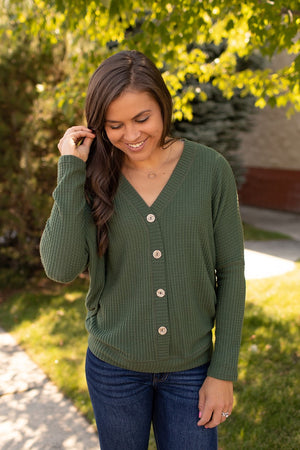 Olive Brushed Waffle Dolman Button Pullover