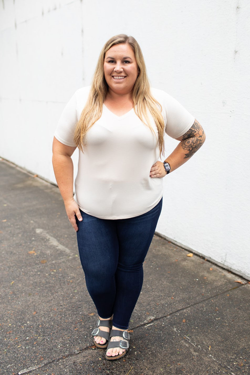 Beige Basic Vneck Tee (SM-3XL) - STB Boutique