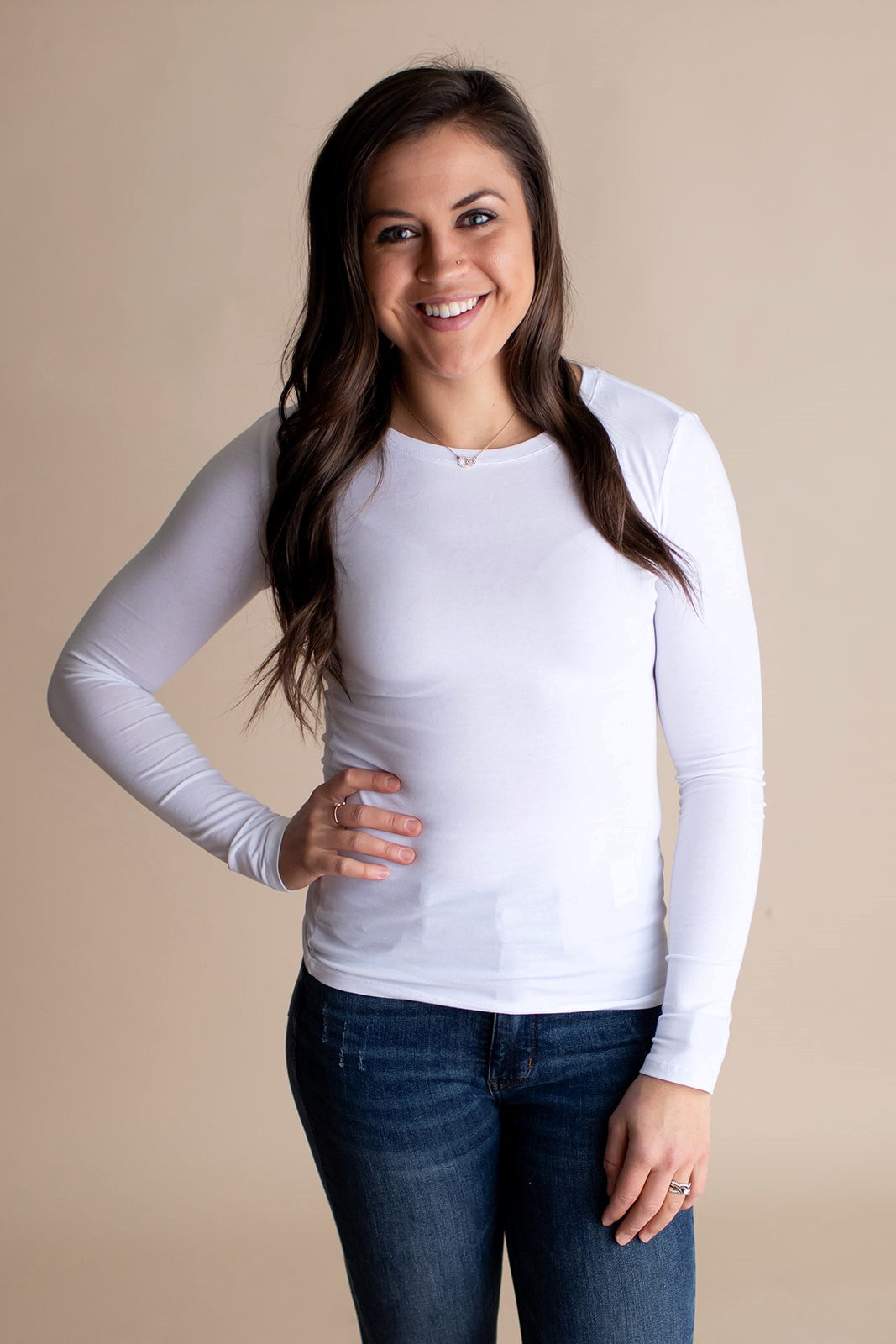 White Basic Fitted Long Sleeve Tee