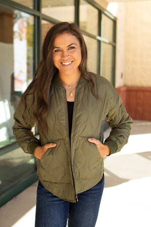 Olive Quilted Bomber Jacket
