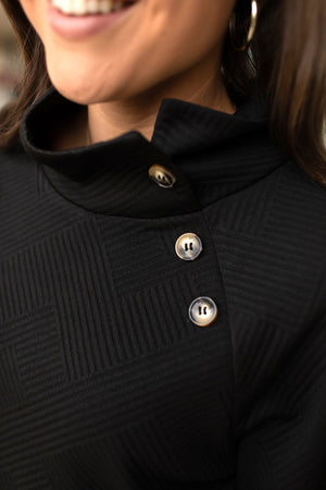 Black Button Neck Textured Pullover (SM-XL)