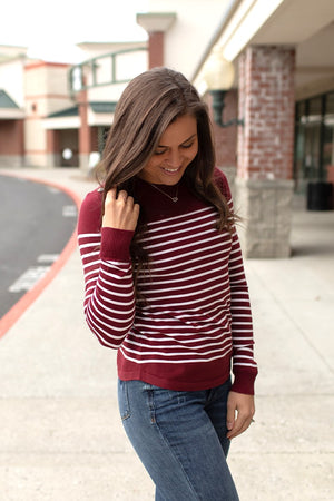 Burgundy Striped Button Shoulder Sweater (SM-XL)