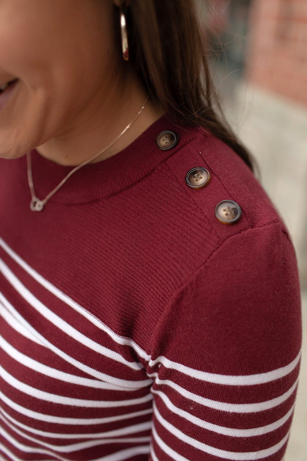 Burgundy Striped Button Shoulder Sweater (SM-XL)