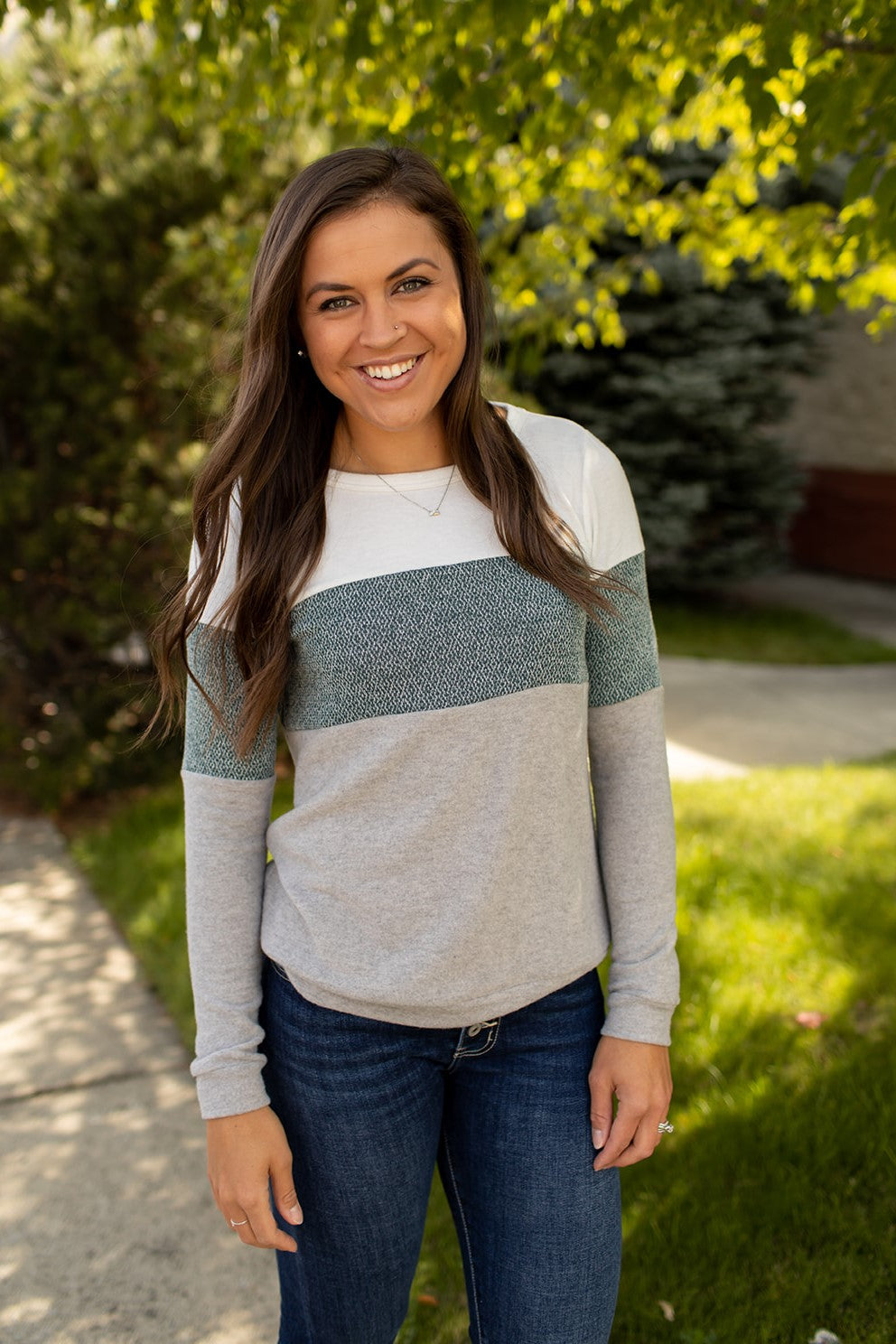 White Green Gray Brushed Pullover Sweater