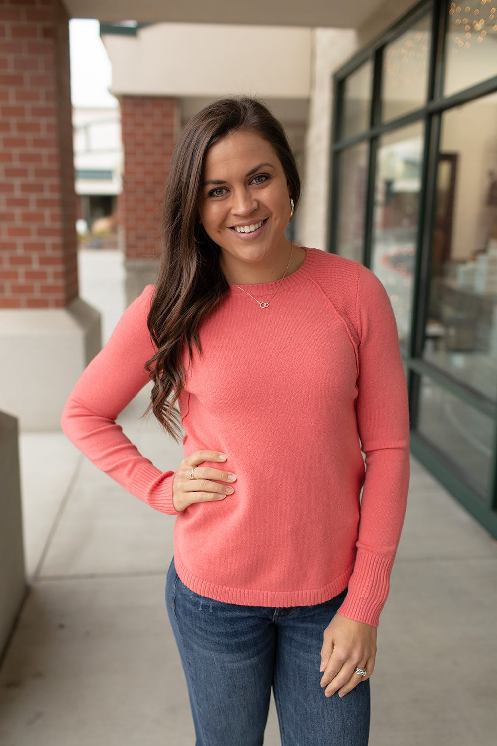 Coral Ribbed Contrast Pullover Sweater