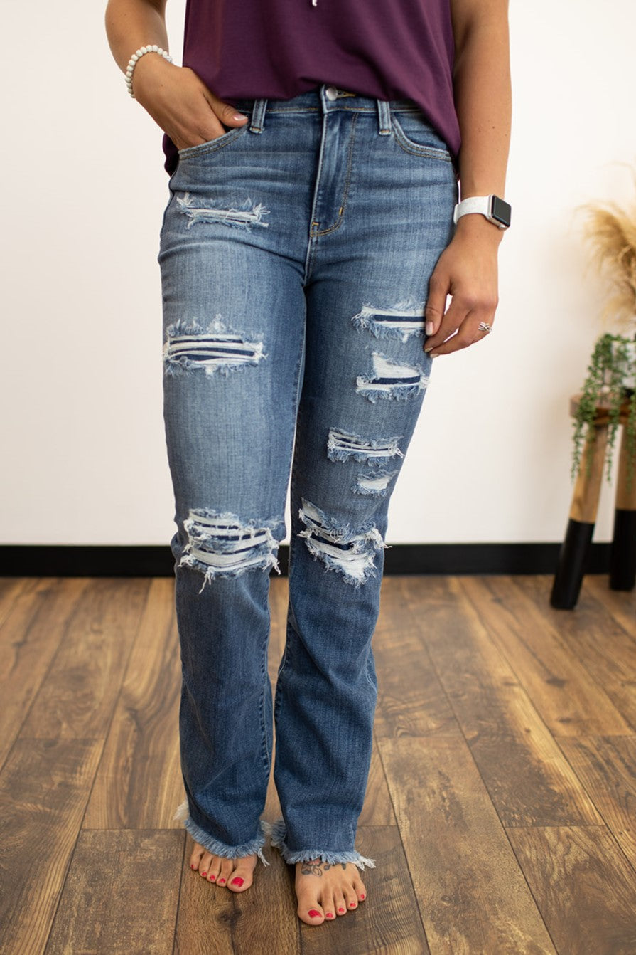 Judy Blue Patched & Frayed Bootcut Jeans  (1-15)