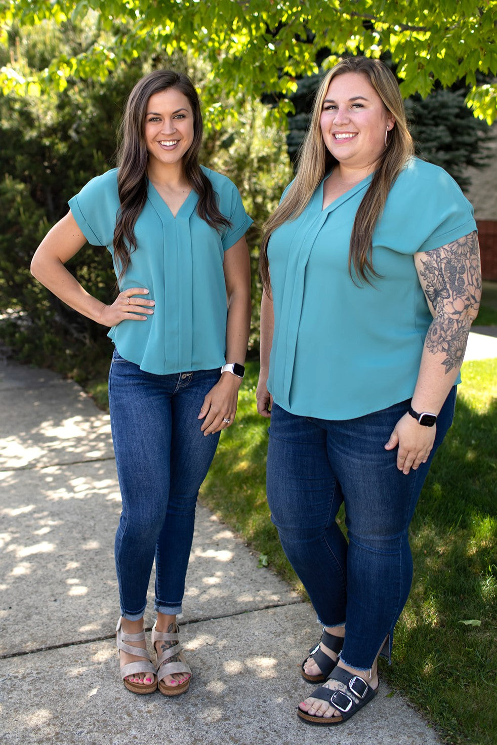 Teal Vneck Cuffed Sleeve SS Blouse (SM-3X)