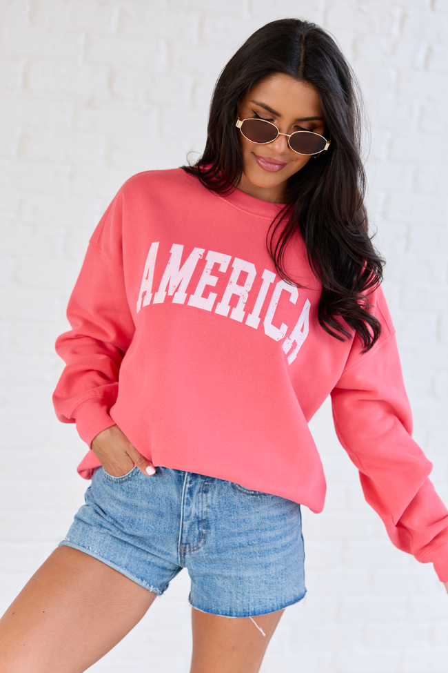 America Distressed Light Red Graphic Sweatshirt - STB Boutique