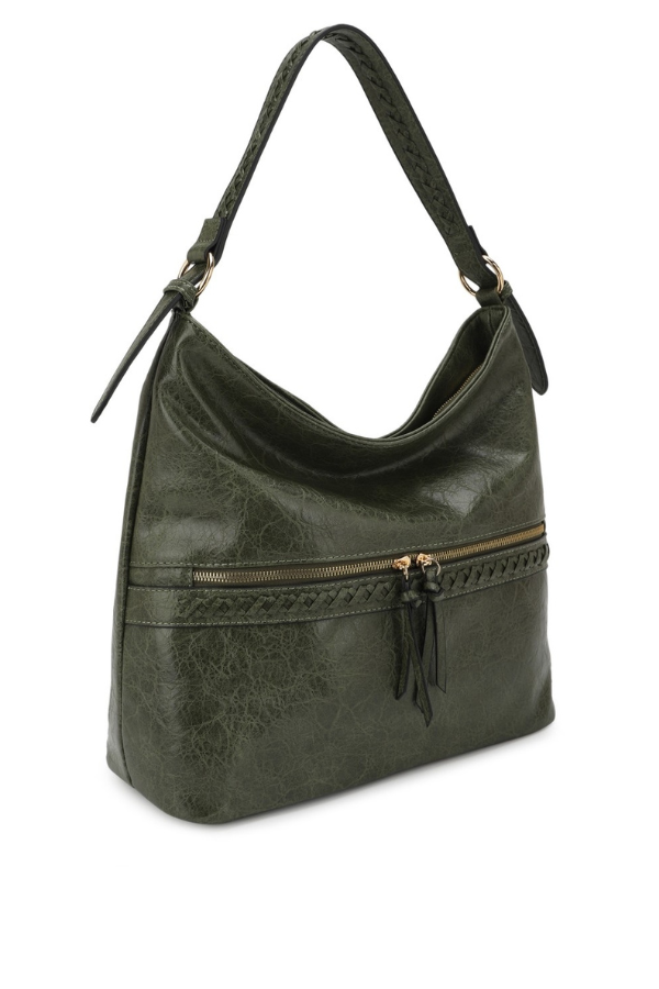 Olive Whipstitch Pocket Hobo Bag