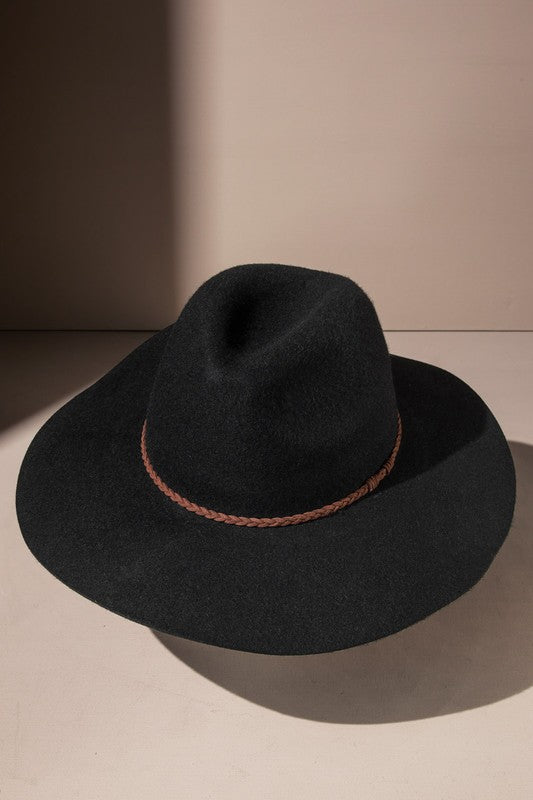Black Mini Braid Strap Wide Brim Panama Hat