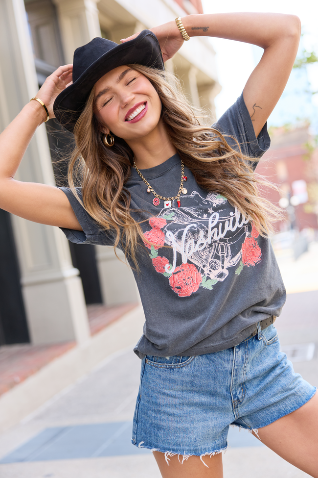 Nashville Vintage Rose Dark Grey Graphic Tee - STB Boutique