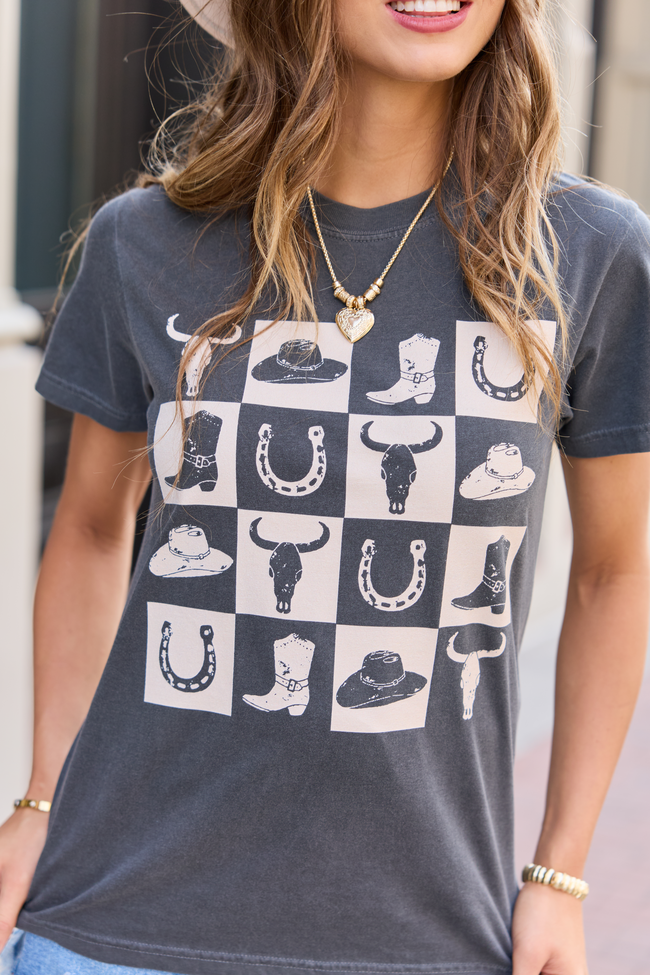 Country Checkered Dark Grey Graphic Tee - STB Boutique
