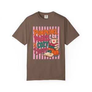 Pumpkins Pages & Cozy Places Stripes Tee | Fall Reading Graphic Tee Book Lover Fall Vibes Bookish Comfort Colors Cozy Fall Tee Books