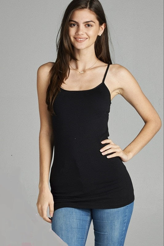 Black Basic Cotton Long Adjustable Spaghetti Strap Cami Tank - STB Boutique
