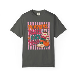 Pumpkins Pages & Cozy Places Stripes Tee | Fall Reading Graphic Tee Book Lover Fall Vibes Bookish Comfort Colors Cozy Fall Tee Books