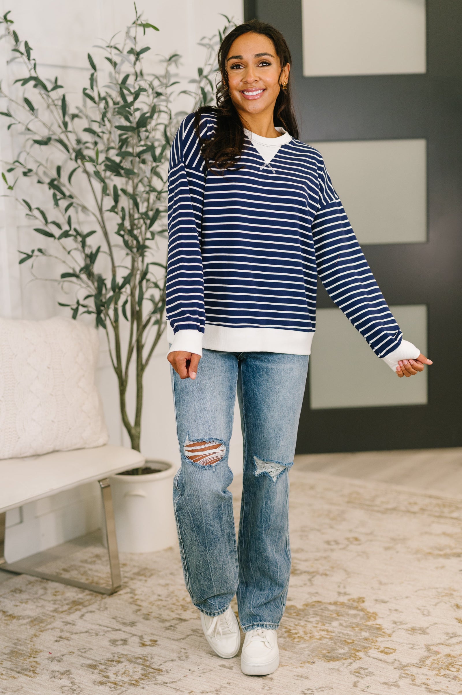 Almost Therapeutic Drop Shoulder Pullover in Navy - STB Boutique