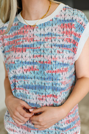 Blurred Beauty Textured Knit Top in Blue, Red and White (SM-3X)