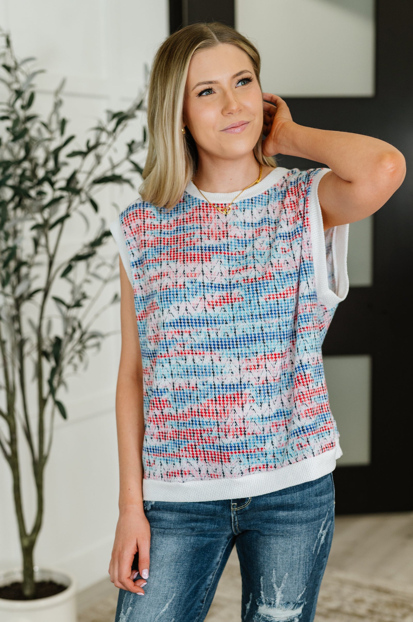 Blurred Beauty Textured Knit Top in Blue, Red and White (SM-3X)