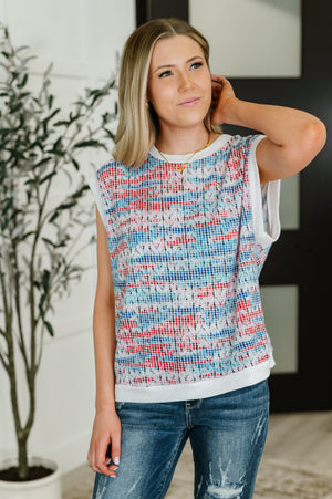 Blurred Beauty Textured Knit Top in Blue, Red and White (SM-3X)