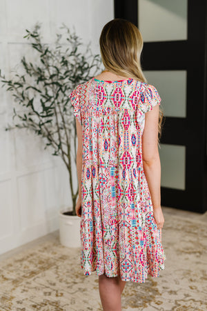 Boho and Behold Flutter Sleeve Dress in Blush/Fuchsia/Mint (SM-2X)