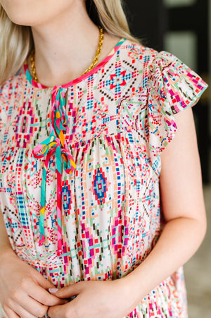 Boho and Behold Flutter Sleeve Dress in Blush/Fuchsia/Mint (SM-2X)