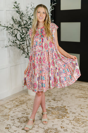 Boho and Behold Flutter Sleeve Dress in Blush/Fuchsia/Mint (SM-2X)