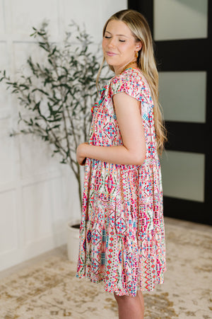 Boho and Behold Flutter Sleeve Dress in Blush/Fuchsia/Mint (SM-2X)