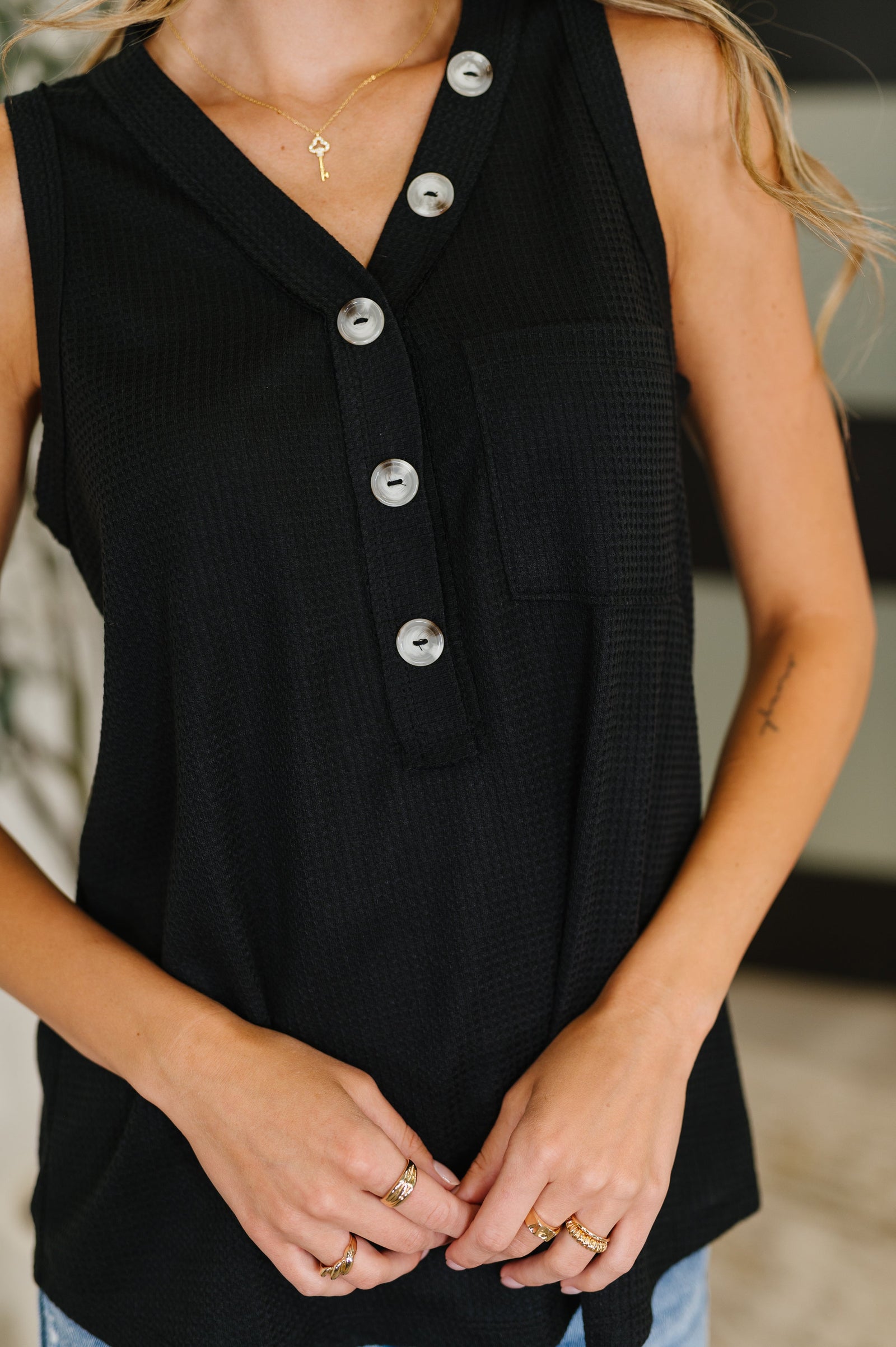 Buttoned Up Buttercup Sleeveless Top in Black (SM-2X) - STB Boutique