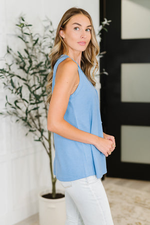 Buttoned Up Buttercup Sleeveless Top in Ocean Blue (SM-2X) - STB Boutique