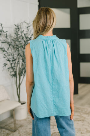 Camellia Split Neck Embroidered Tank in Aqua (SM-3X)