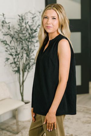 Camellia Split Neck Embroidered Tank in Black (SM-3X)
