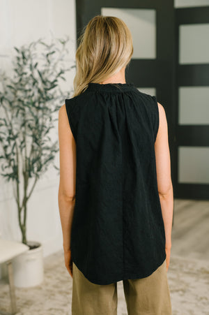 Camellia Split Neck Embroidered Tank in Black (SM-3X)