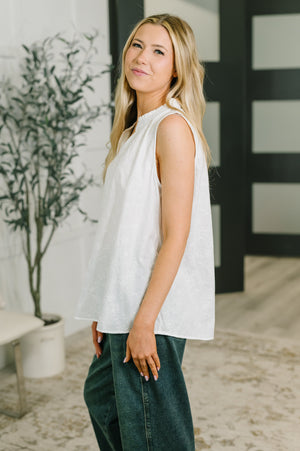 Camellia Split Neck Embroidered Tank in Off White (SM-3X)